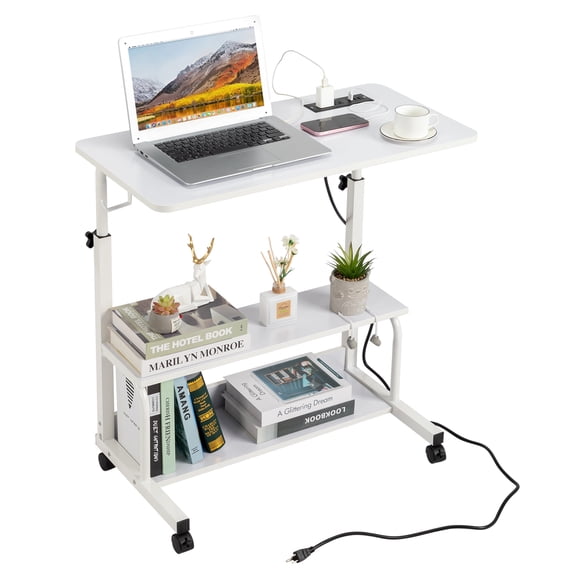 HUJHKIO Portable Rolling Desk on Wheels, Adjustable Height Desks with 3 USB Ports & 2 Outlets, 32" Computer Desk with Storage Shelves for Home Office Rustic, White