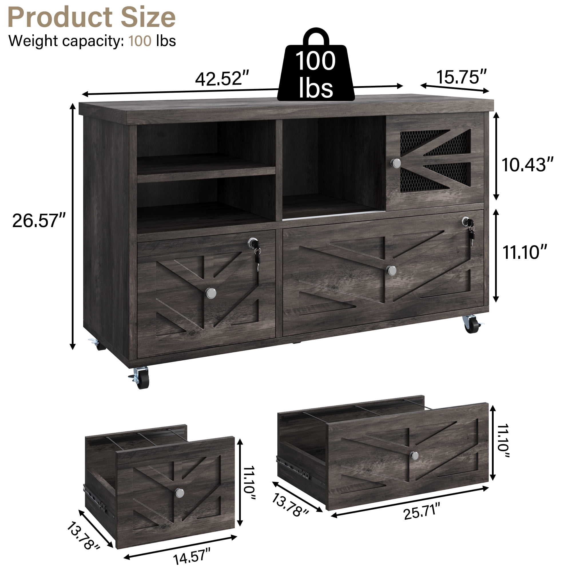 File Cabinet with 2 Lockable Drawers, ETASE Farmhouse Filing Cabinet with Sliding Door and Storage Shelf, Print Stand for A4/Letter, Storage Cabinet for Home Office, Gray
