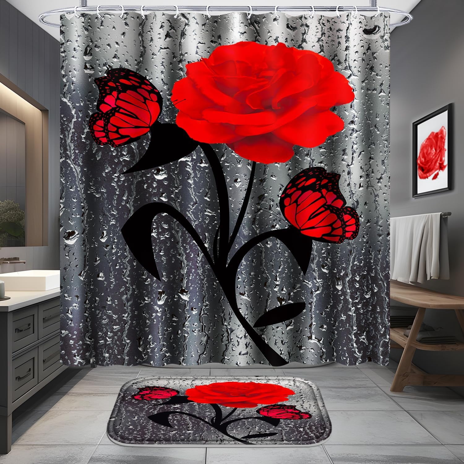 4 Pcs Bathroom Set,Orange Rose Shower Curtain Sets, Romantic Shower Curtain Sets with Rugs(Bath Mat,U Shape and Toilet Lid Cover Mat) and 12 Hooks