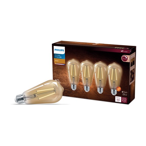 Philips Vintage LED 40-Watt ST19 Filament Straight Tubular Light Bulb, Amber, Dimmable, E26 Medium Base (4-Pack)