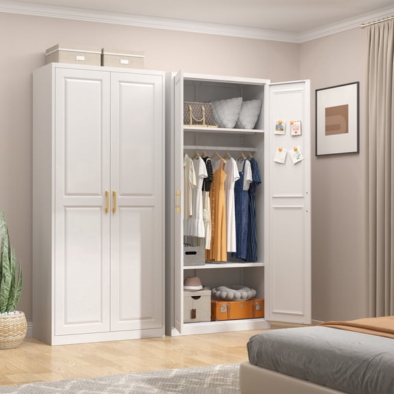 UNICOLY Metal Wardrobe Cabinet with Hanging Rod, 71" Tall Armoire Wardrobe Closet with 2 Doors and Adjustable Shelves, White Clothing Storage Cabinets