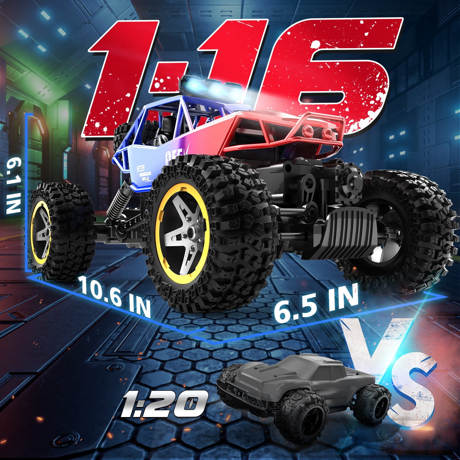 JoyStone 4WD RC Cars, 1:16 Off Road Monster Truck with LED Headlight Rock Crawler, 2 Batteries for 70+ Min Play, Gift Toys for Girls Kids Boys (Red & Blue)