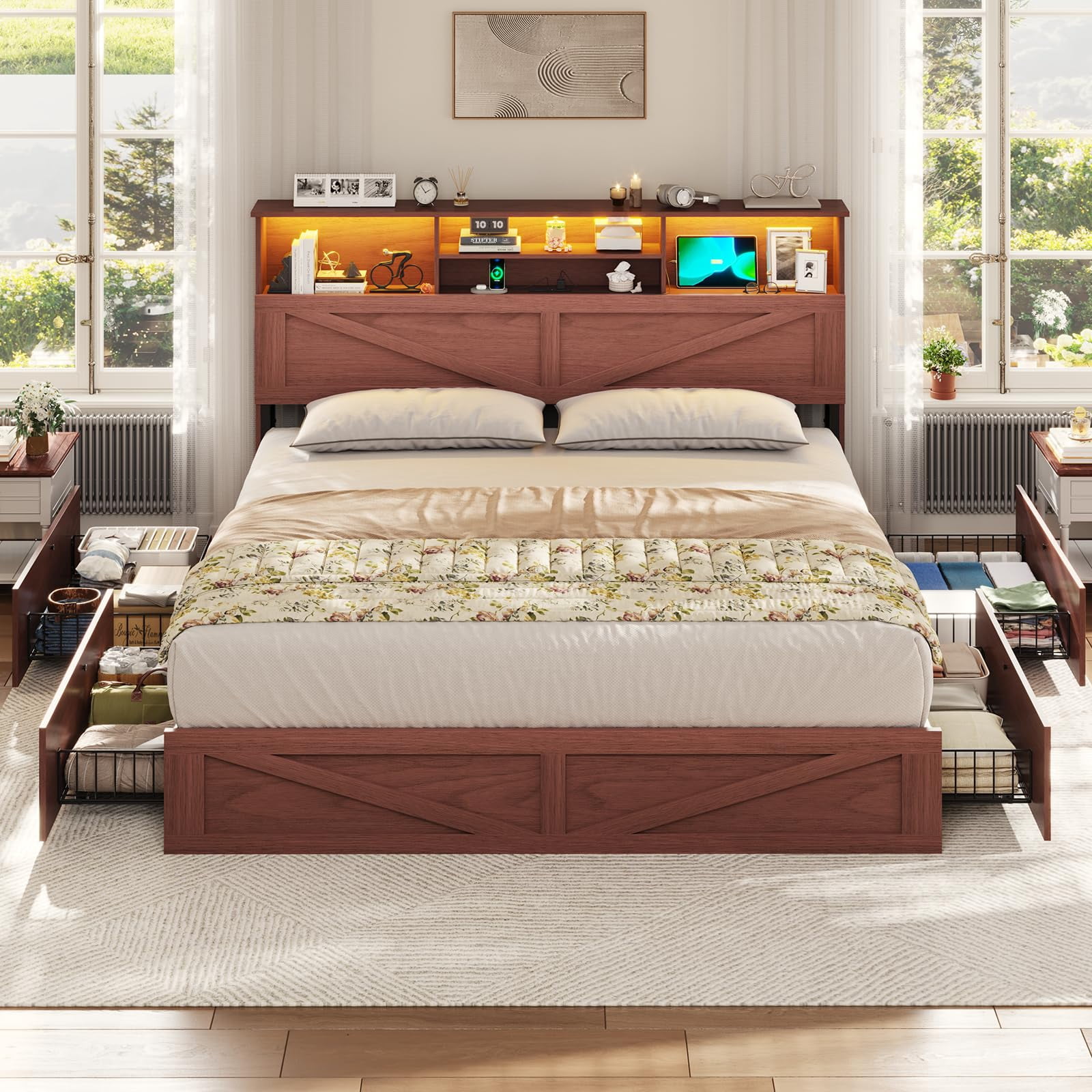 Full Farmhouse Bed Frames With Storage Headboard Bookcase, Wooden Platform Bed with 4 Drawers, No Boxing Need, Red Brown