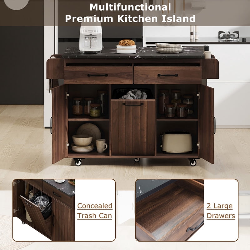 Versatile Rolling Kitchen Island with Trash Can Storage Cabinet, Indoor Kitchen Serving Cart with Drop Leaf, Racks & Drawers