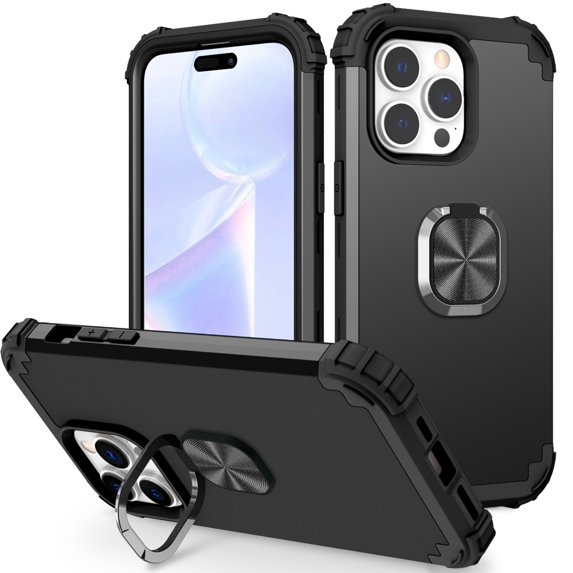 Jiahe Cover Case For iPhone 14 Pro,Shockproof Rubber Case Ring Holder Kickstand Hard PC Back Cover for iPhone 14 Pro 6.1-inch,Black