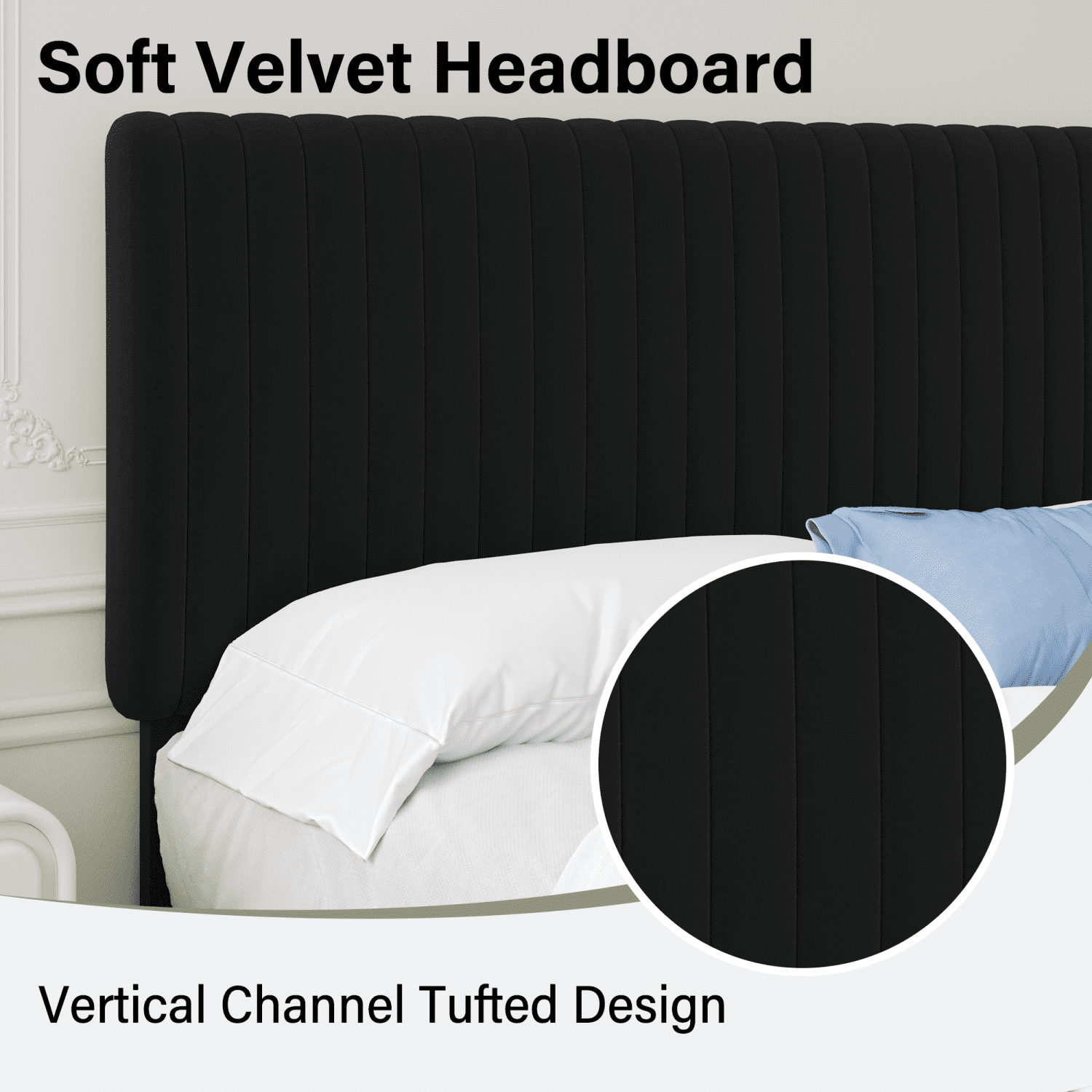 4 EVER WINNER King Size Bed Frame, King Size Upholstered Platform Bed Frame with Vertical Channel Tufted Headboard, Black King Bed Frame, Black