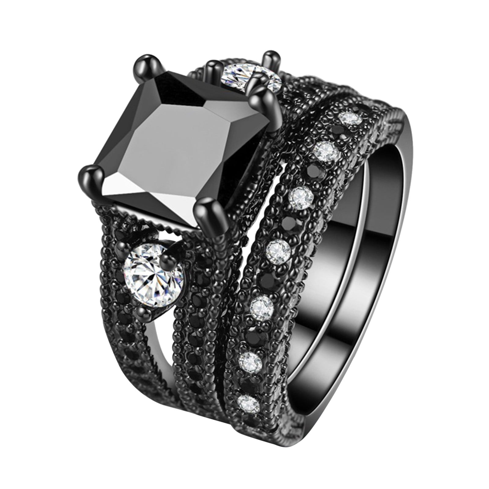 asddcavvf European and American Luxury Set Ring Black Nano Zircon