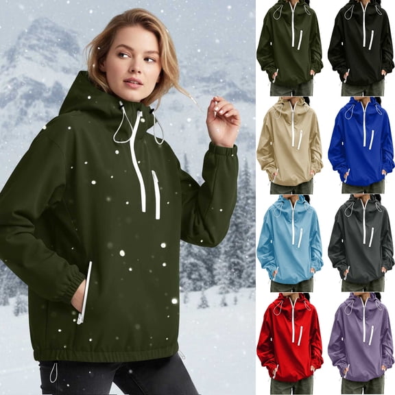 Tsivenald Women's Fashion Solid Color Long Sleeve Pocket Zipper Outdoor Waterproof Rain Jackets Windbreaker Coat, Army Green S-2XL