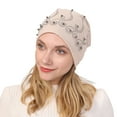 thumbnail image 2 of Dengjunhu Beanie Hat Double-layers Faux Pearl Rhinestone Decor Baggy Slouchy Keep Warm Thin Spring Autumn Winter Women Skull Cap for Outdoor, 2 of 7
