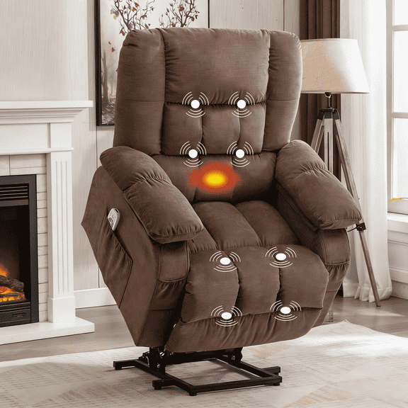 JONPONY Power Lift Recliner Chair for Elderly with Heat and Massage, Lay Flat Assist Recliner with Side Pocket for Living Room,Brown