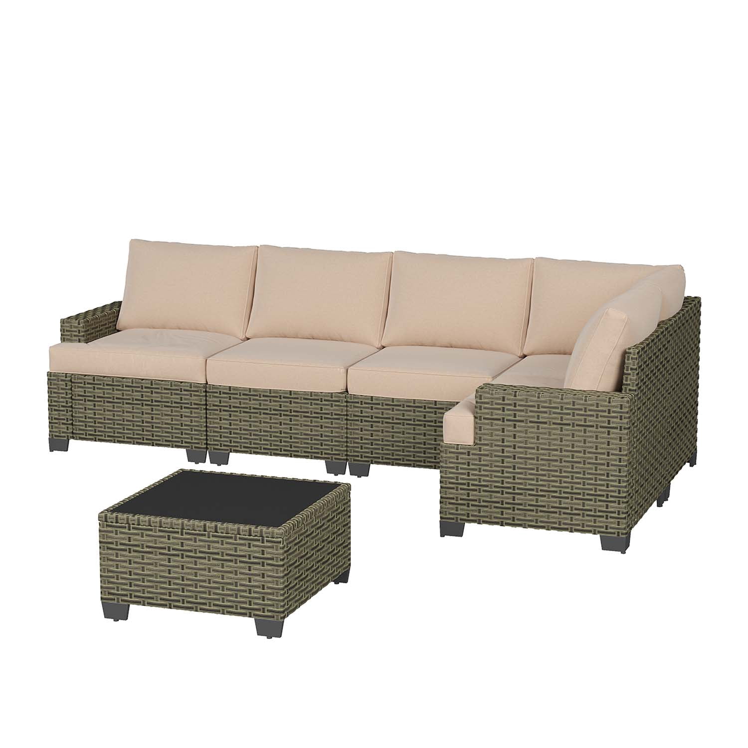 BaPiPro 6-Piece Outdoor Rattan Modular Sectional Sofa Set with High Resilience Beige Cushions and Easy-Clean Tempered Glass Coffee Table, Flexible Configuration for Garden, Backyard & Patio