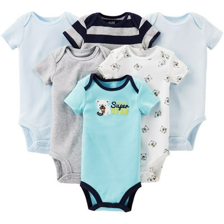 Child of Mine Newborn Baby Boy Assorted Bodysuits, 6-Pack