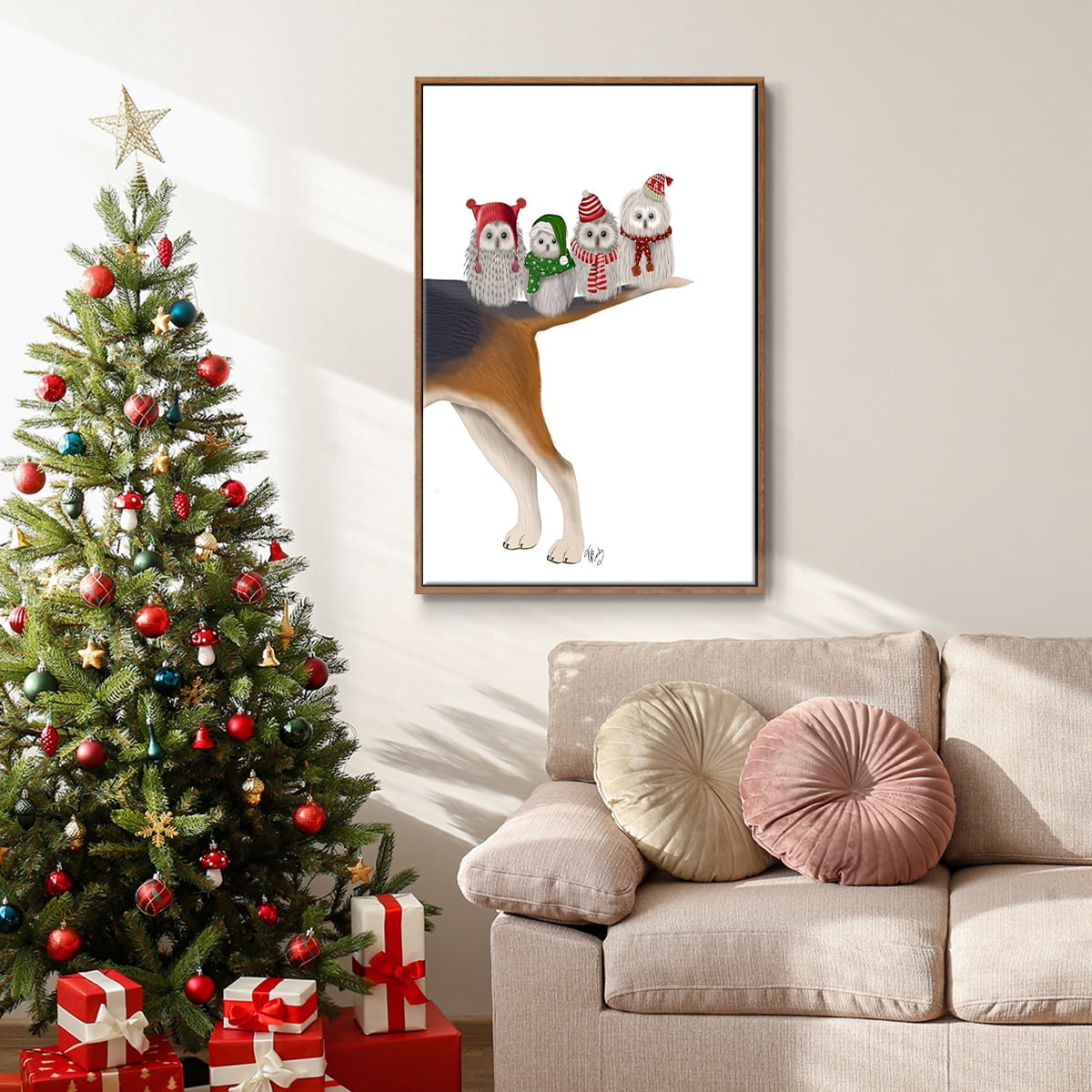 Christmas Bummer Owls - Framed Gallery Wrapped Holiday Canvas - 17 x 25 - Rosewood Frame