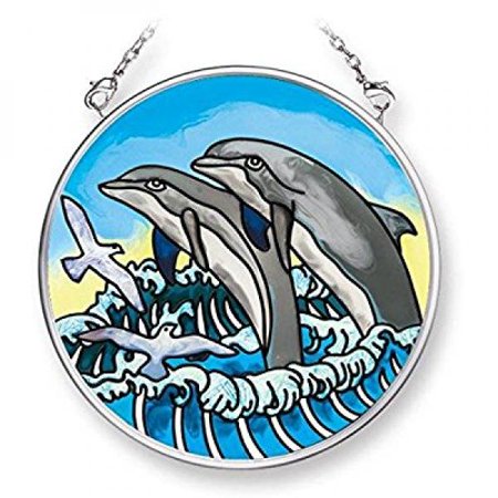 Hand Painted Dolphin - Amia 42083 3-1/2-Inch Hand Painted Glass Circle Suncatcher, Small, Pair of Dolphin Design