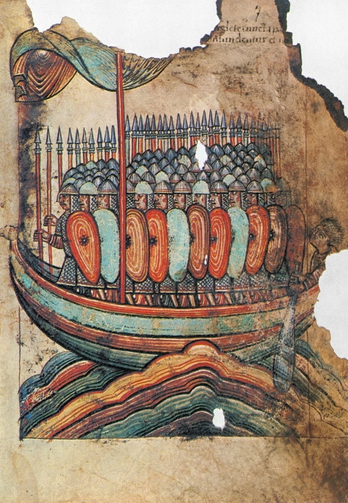 Viking Invasion 919 Nviking Warriors Landing At GuRande On The Coast Of Brittany In 919 AD French Manuscript Illumination On Vellum C1100 Poster Print by 18 x 24