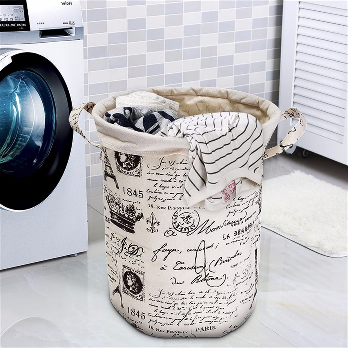 Foldable Washing Laundry Basket Hamper Cotton Linen Clothes Toys Storage Bag 