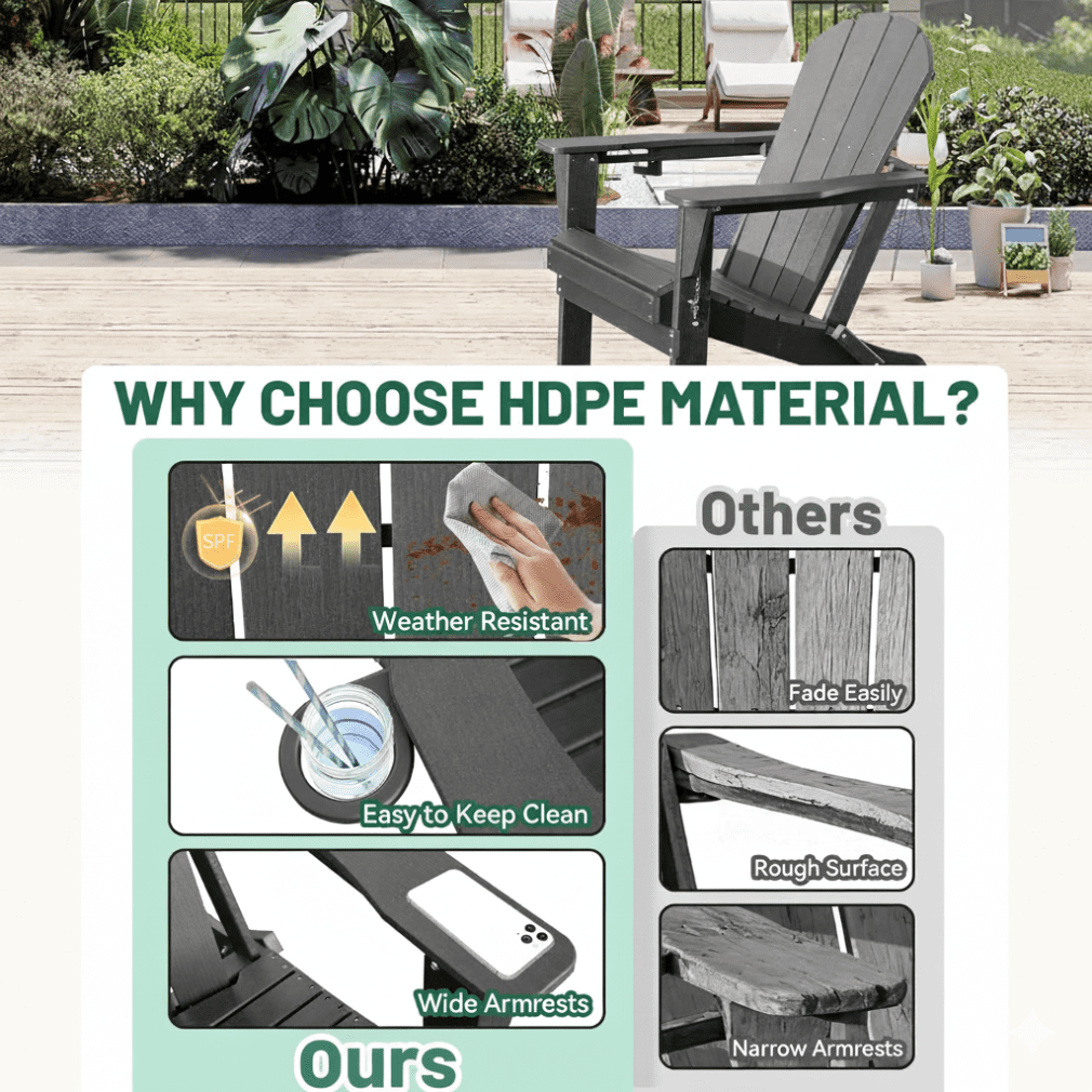 Folding Adirondack Chair, All-Weather HDPE Lawn Chair with Cup Holder, Comfortable Outdoor Patio Chair for Deck, Porch, Backyard, Garden, Grey