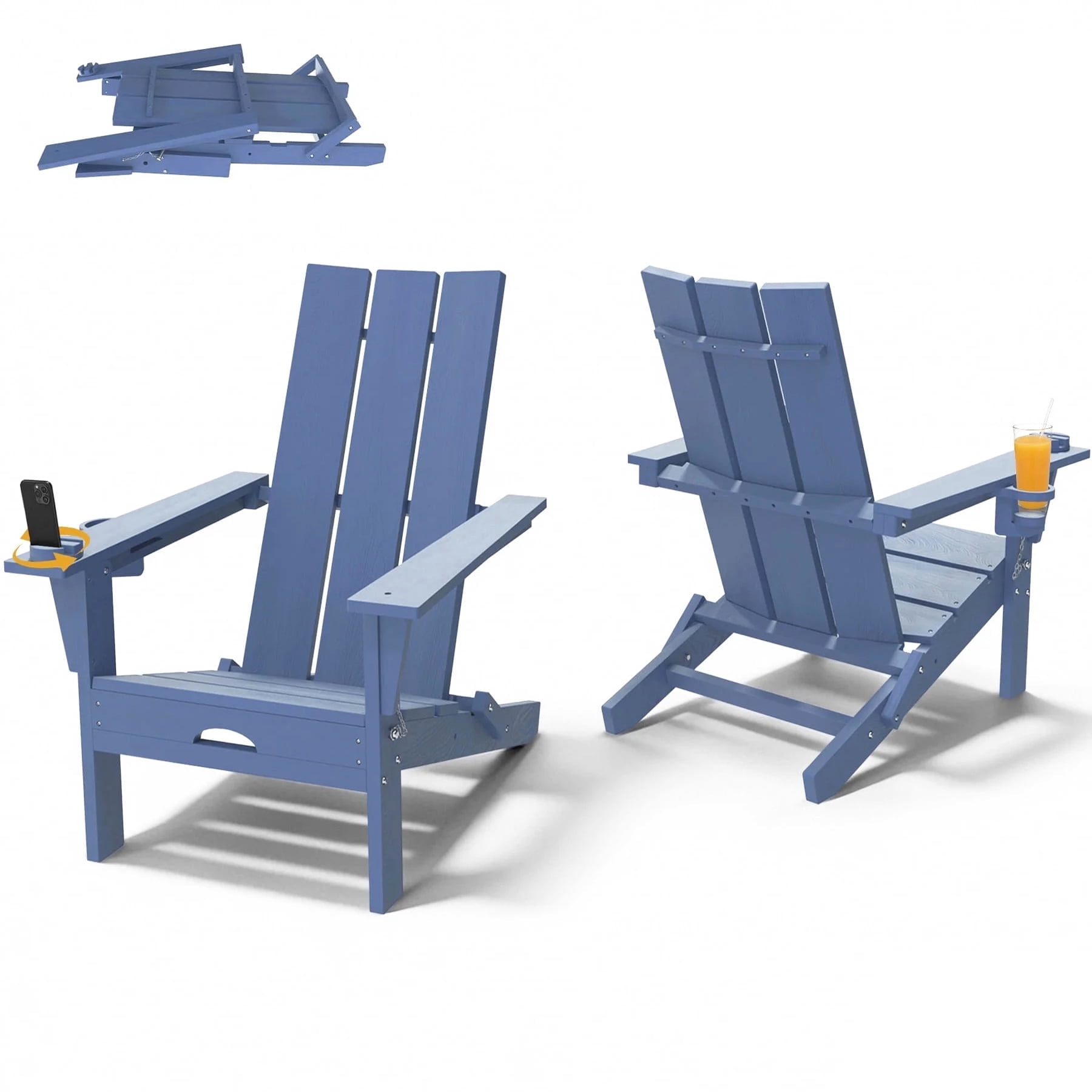 Tappio Folding Adirondack Chair Set of 2, All Weather HDPE Outdoor Patio Chairs with Detachable Multifunctional Holders and Cup Holders, Fire Pit Chairs for Yard Garden Poolside, Blue