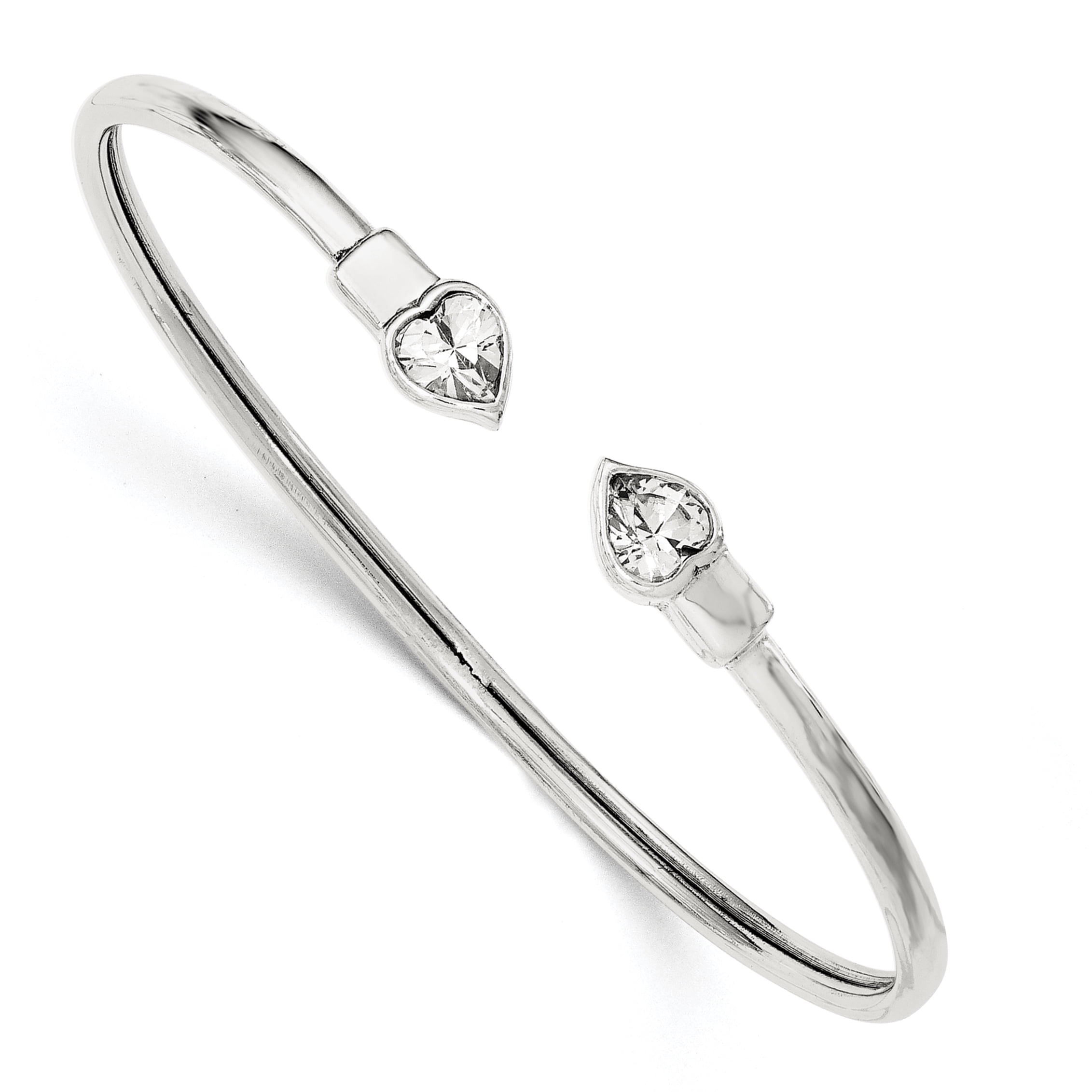 Sterling Silver Cubic Zirconia Heart Open/Flexible Bangle Bracelet