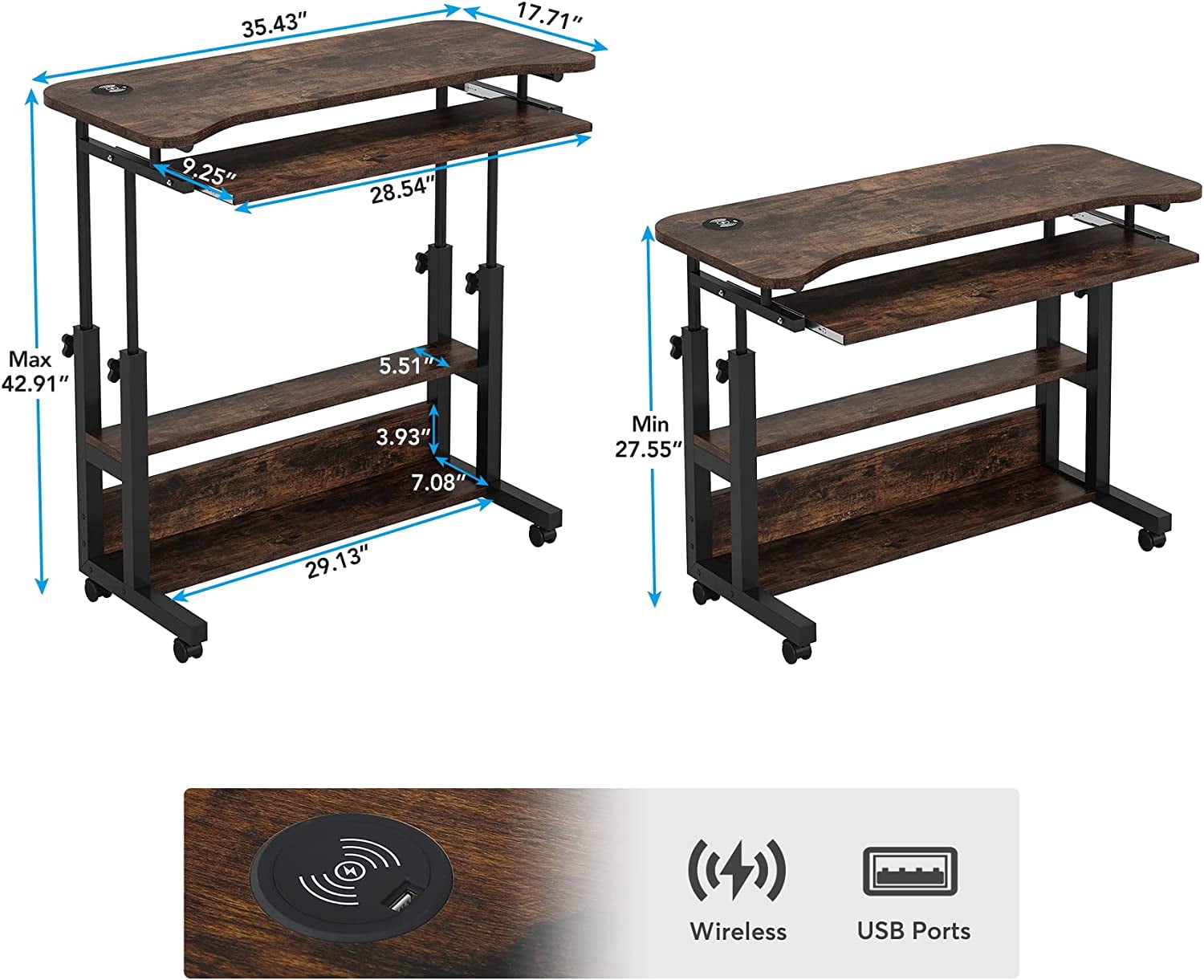 Tribesigns Portable Desk with Wireless Charging Station, Height Adjustable Side Table for Sofa Couch Bed Brown