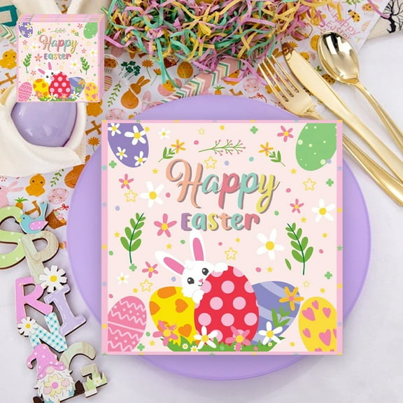 Pack of 20, Happy Easter Napkins, DELESYS Colorful Bunny and Egg Design Disposable Paper Napkins for Easter Table Decorations, Birthday Holiday Party Supplies, 16.5x16.5 cm Unfolded