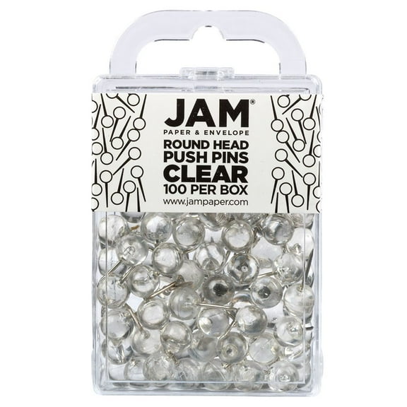 JAM Paper Colorful Push Pins, Round Head Map Thumb Tacks, Clear, 100/Pack