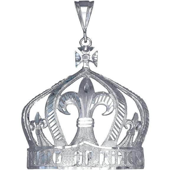 Large Heavy Sterling Silver King Crown Charm Pendant Necklace 18 Grams 2.6 Inches with Diamond Cut Finish and 24 Inch Figaro Chain