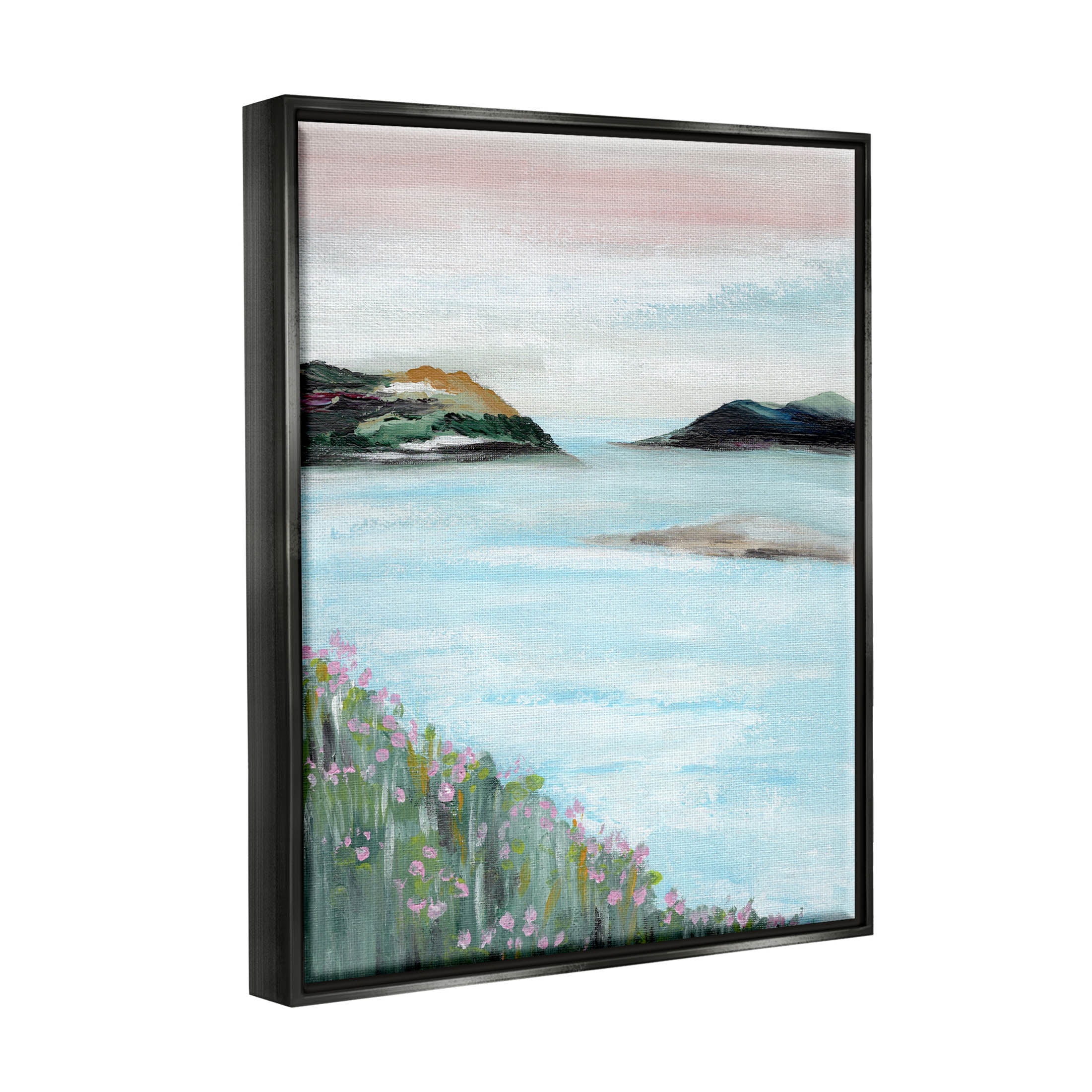 Stupell Industries Rocky Lakeside Meadow Pink Blooms Painting Jet Black Floating Framed Canvas Print Wall Art, Design by Nikita Jariwala
