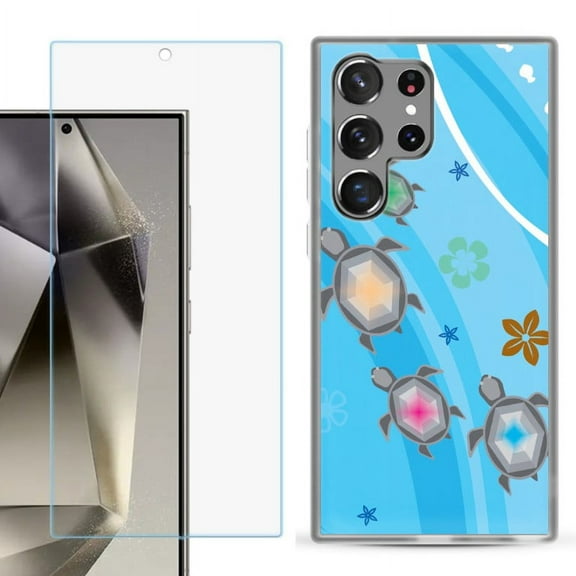 OneToughShield ® Compatible with Samsung Galaxy S24 Ultra, Shockproof Phone Case, with Tempered Glass Screen Protector - Happy Turtle