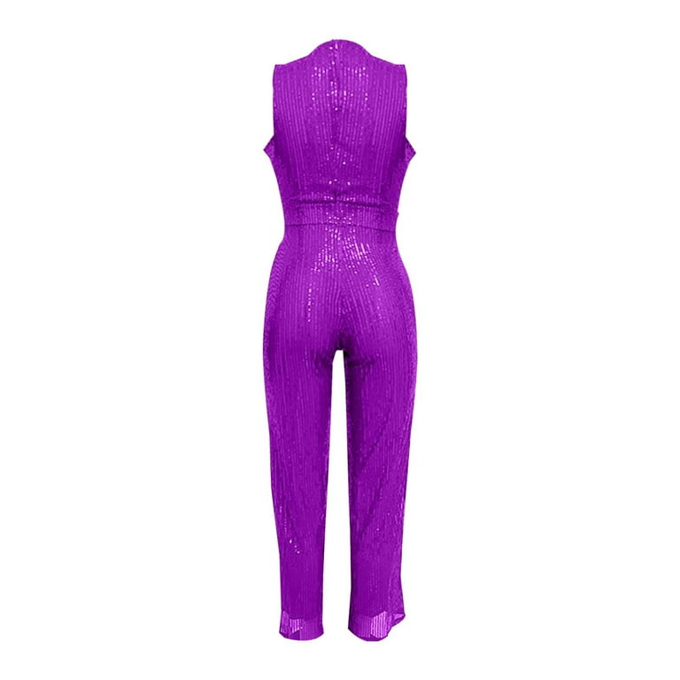 Fsqjgq Jumpsuits for Women Purple Rompers Elegant Sparkling