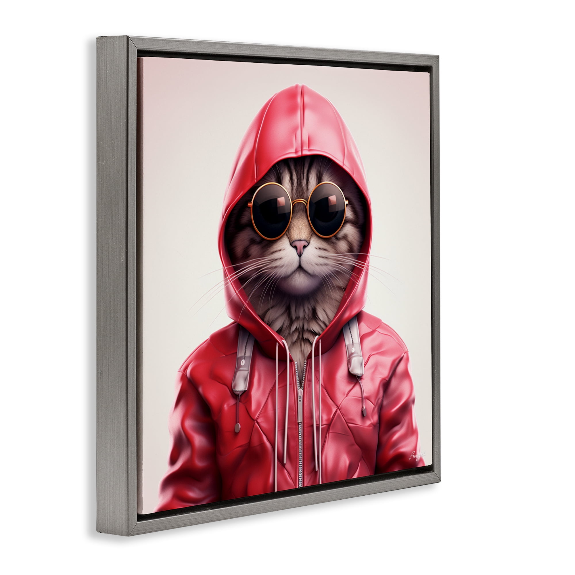 Stupell Industries Hipster Cat in Stylish Jacket Gray Framed Floater Canvas Wall Art, design by Roozbeh