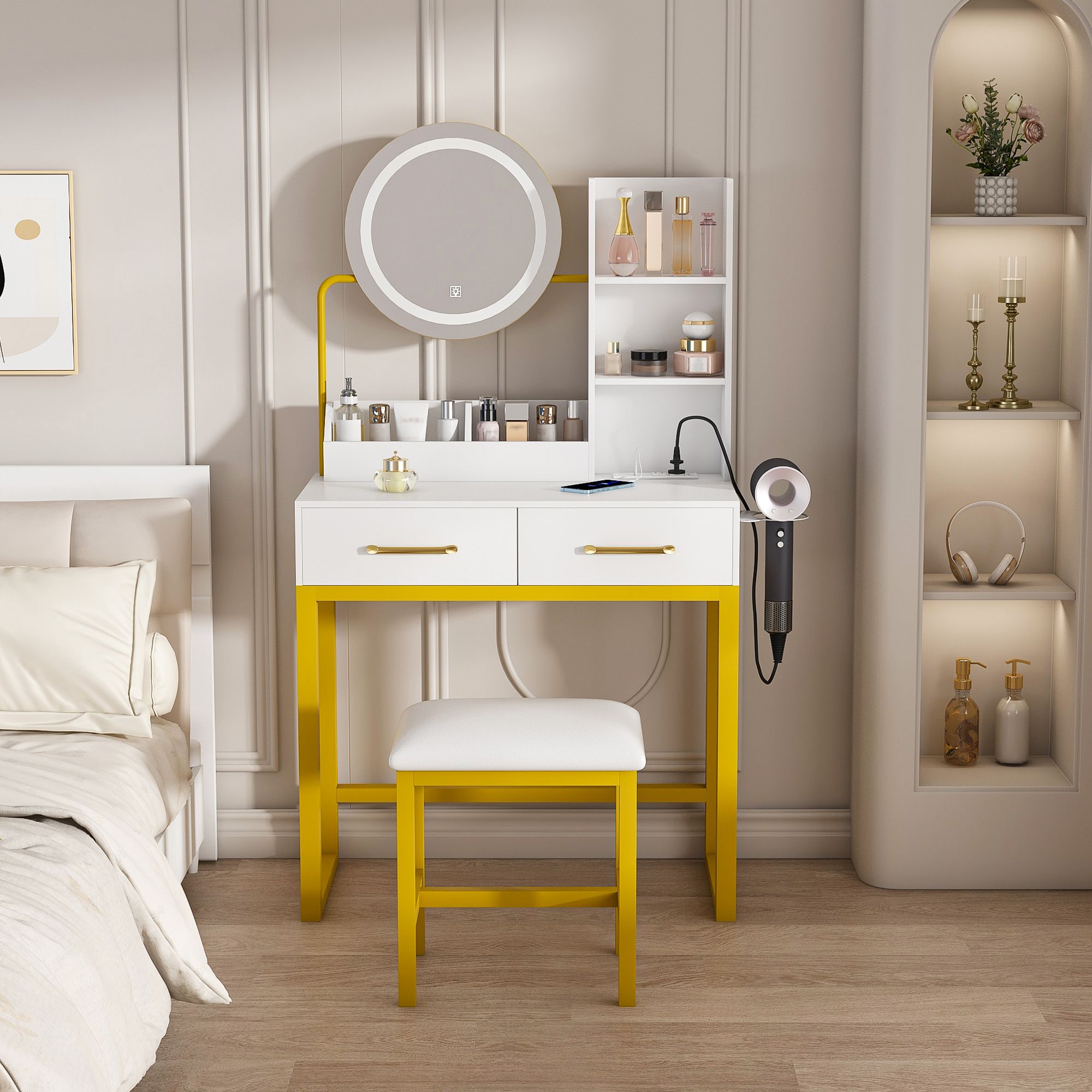 Makeup Vanity with LED Lights&3 Color and Power Outlet Makeup Vanity Table with 2 big Drawers with Sturdy Metal Leg and Metal Chair Dressing Table for Bedroom Dressing Room (White) RR