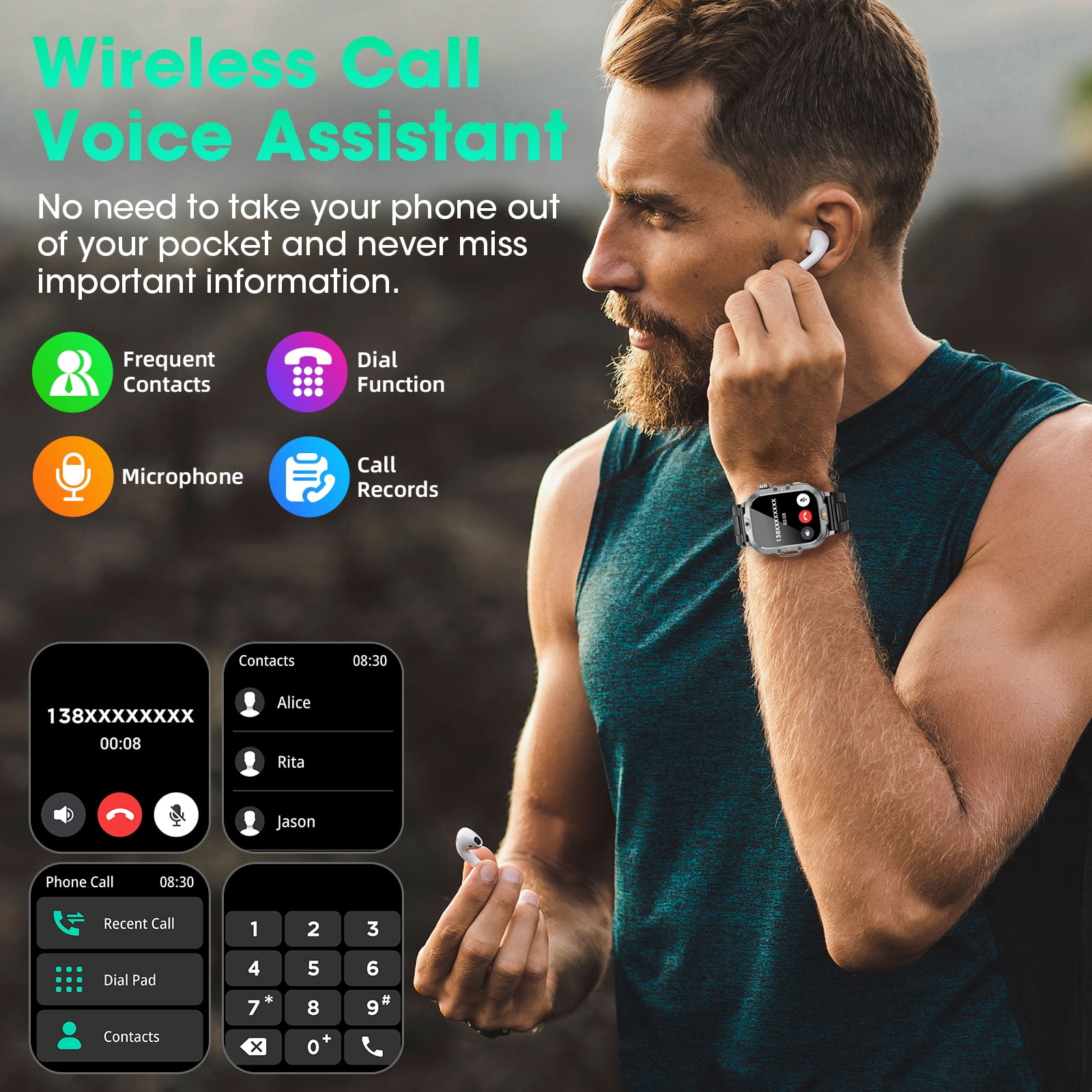 Mingwear 2.01-inch Military Smartwatch for Men with Fitness Tracker, Answer/Make Calls/100+ Sport Modes, IP68 Waterproof, Hiking Travel Pedometer Watch compatible with Android IPhone Devices (Black)