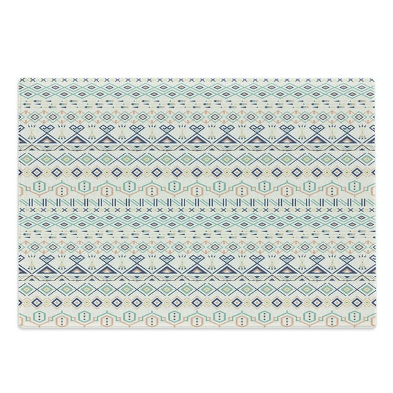 Geometric Cutting Board, Aztec Motifs Triangles Squares Folk Inspiration Tribal Image, Decorative Tempered Glass Cutting and Serving Board, Large Size, Mint Dark Blue Peach, by Ambesonne