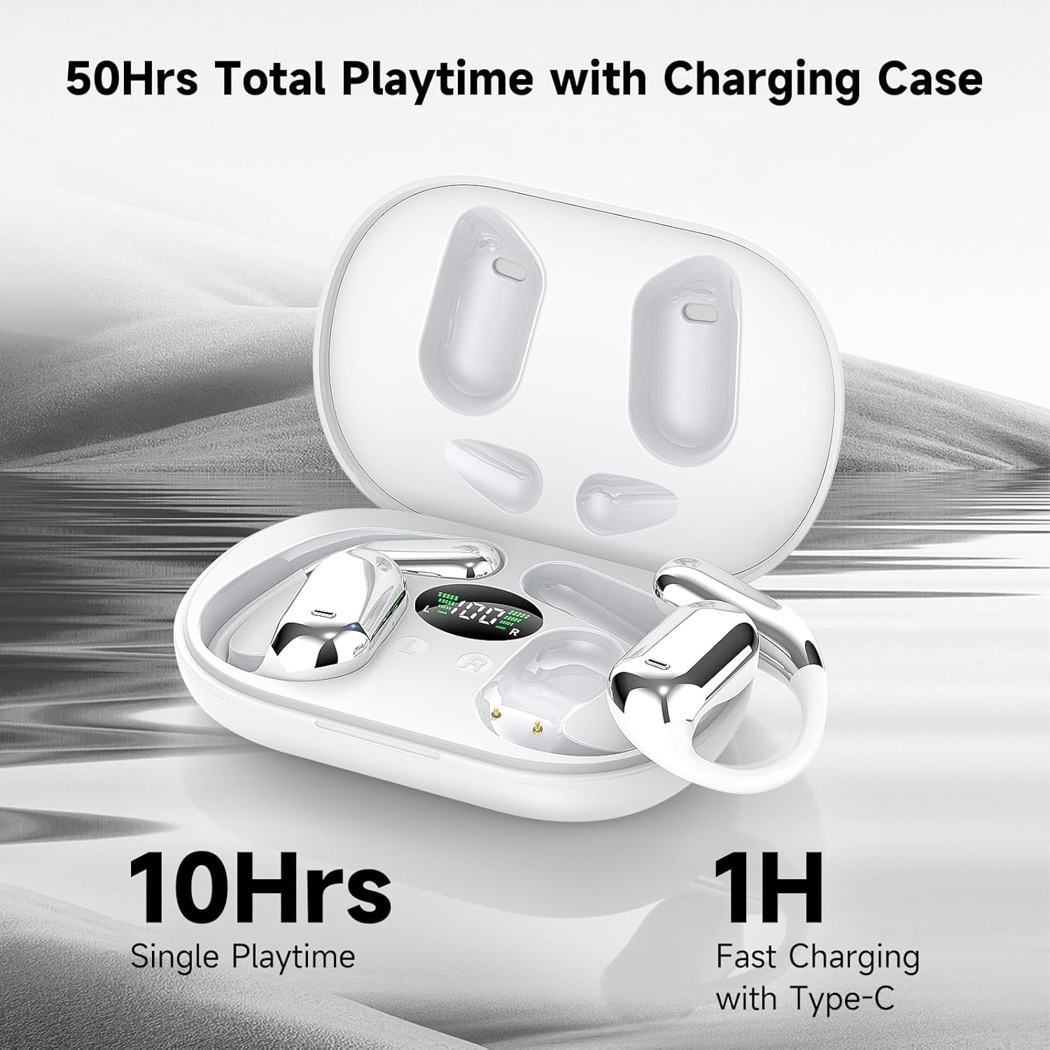 Open Ear Bluetooth 5.4 Headphones,Wireless Bone Conduction Earbuds Built-in Mic Sport Over Earphones with Comfort Ear Hooks LED Display Charging Case,Waterproof IPX7 Design for Running Fitness,White