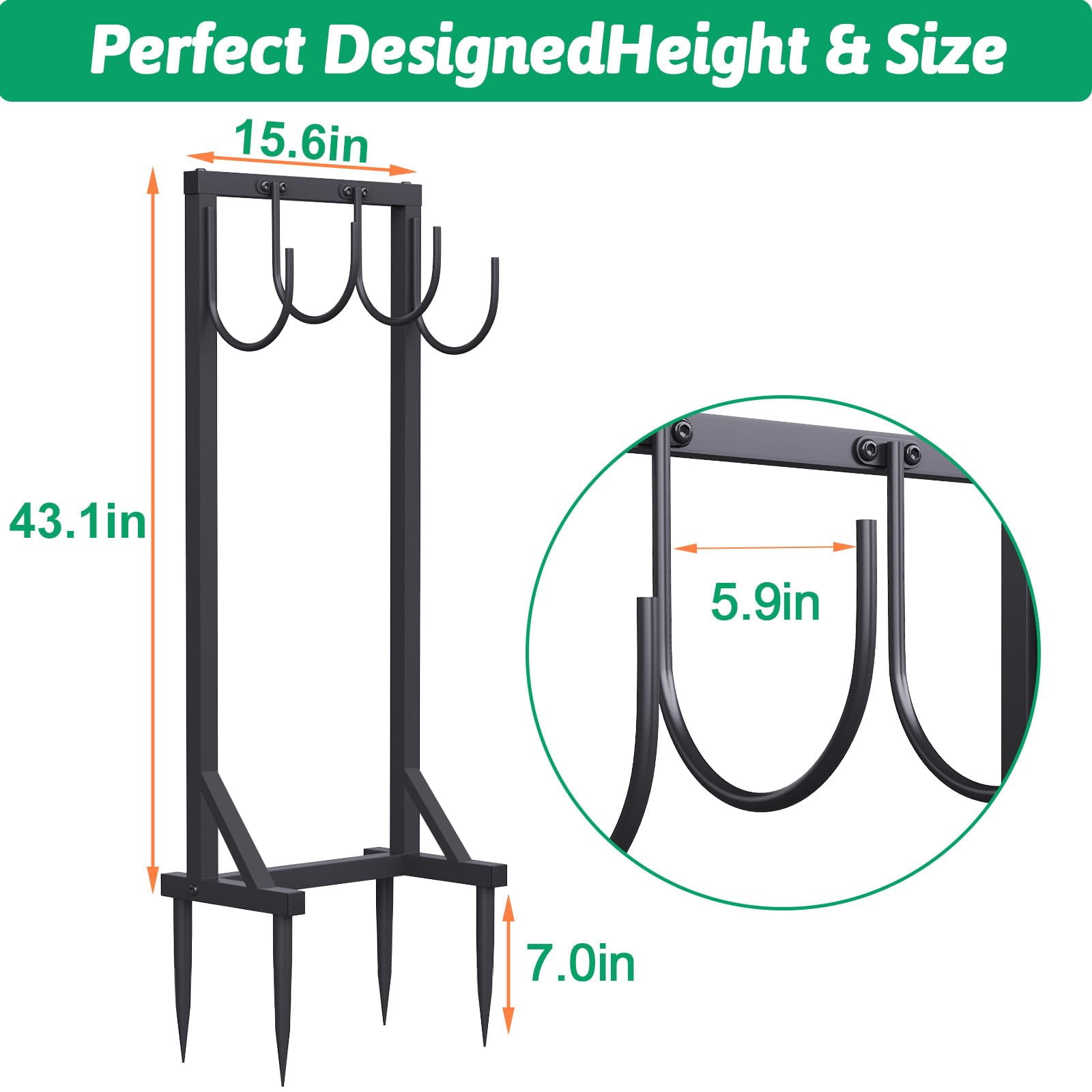 Yacona Garden Hose Holder, Freestanding Hose Reel Hanger for Outside with 4 Spikes, Water Hose Storage for Garden Yard Lawn, Black