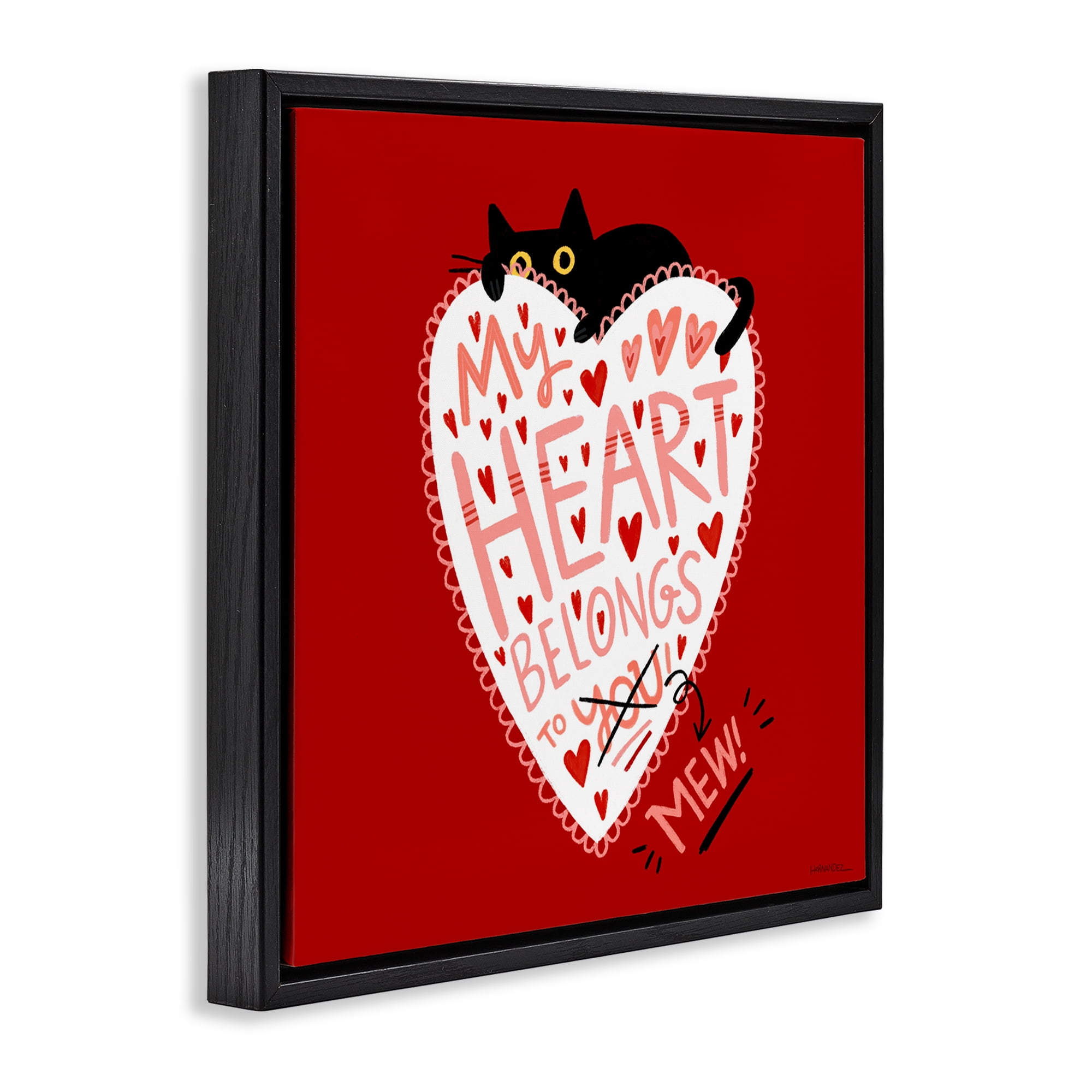 Stupell Industries Heart Belongs To Mew Animals Painting Black Floater Framed Canvas Art Print Wall Art, 25 x 25