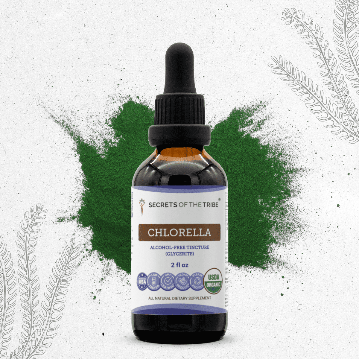 Secrets Of The Tribe Chlorella Organic Dietary Supplement, Natural Herbal Tincture Detox and Antioxidant Support, Certified Organic Chlorella (Chlorella pyrenoidosa) Algae, Alcohol-Free Extract 2 oz