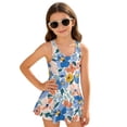 thumbnail image 4 of COEQINE Girls Swim Dress One Piece with Skirt & Liner, Scoop Neck Wide Strap V-Back Swimsuit, Cute Beachwear for Kids Ages 10-11, Polyester Spandex Blend, Blue Orange Flower, 4 of 8