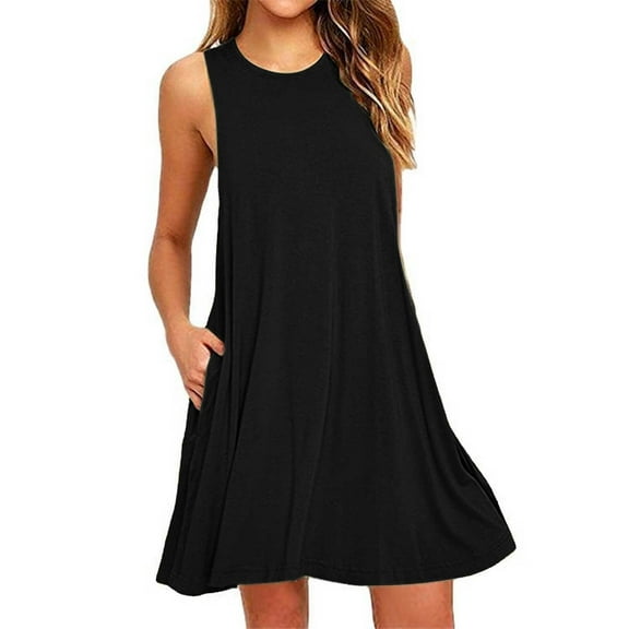 Summer Dresses, Casual Summer Dresses for Women,Summer Women Casual Dress Loose Fit Sleeveless Neck Solid Color Vest Flowy Comfortable Beach Dress