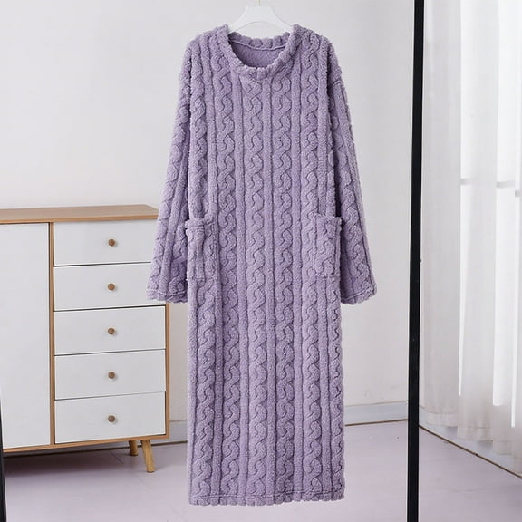 UQJfacai Nightgown for Women Fuzzy Fleece Long Sleeve Sleepdress Loose Crewneck Plush Warm Winter Pullover Nightdress with Pockets