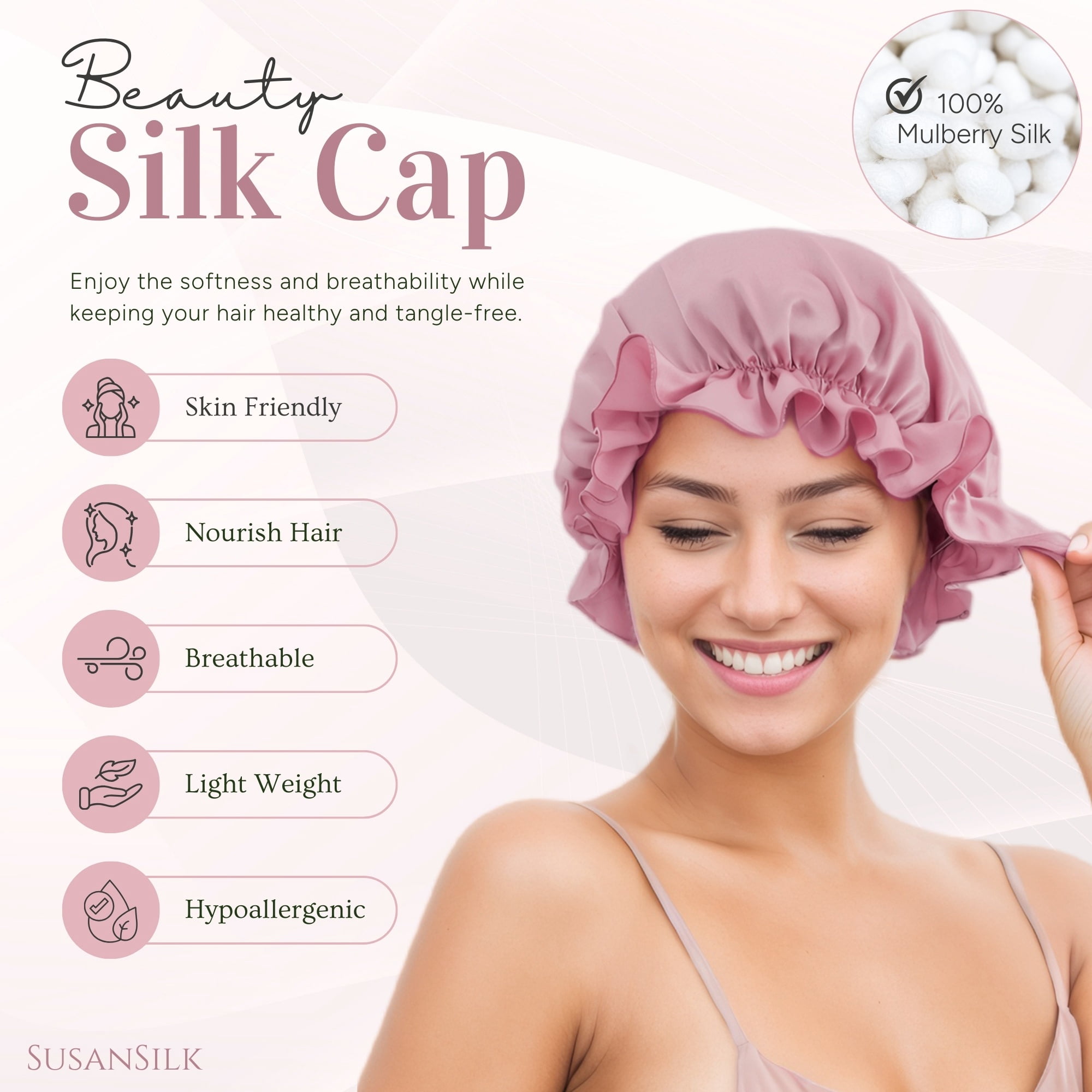 SusanSilk Premium Mulberry Silk Shower Bonnet, Breathable Hair Protection, Adjustable Elastic