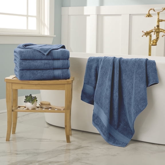 WelHome 100% Cotton 4 Piece Ultra SOFT TWIST Solid Bath Towels Set, 600 GSM, 30in x 54in, Highly Absorbent, Bathroom Towels For Everyday Use, Navy Blue