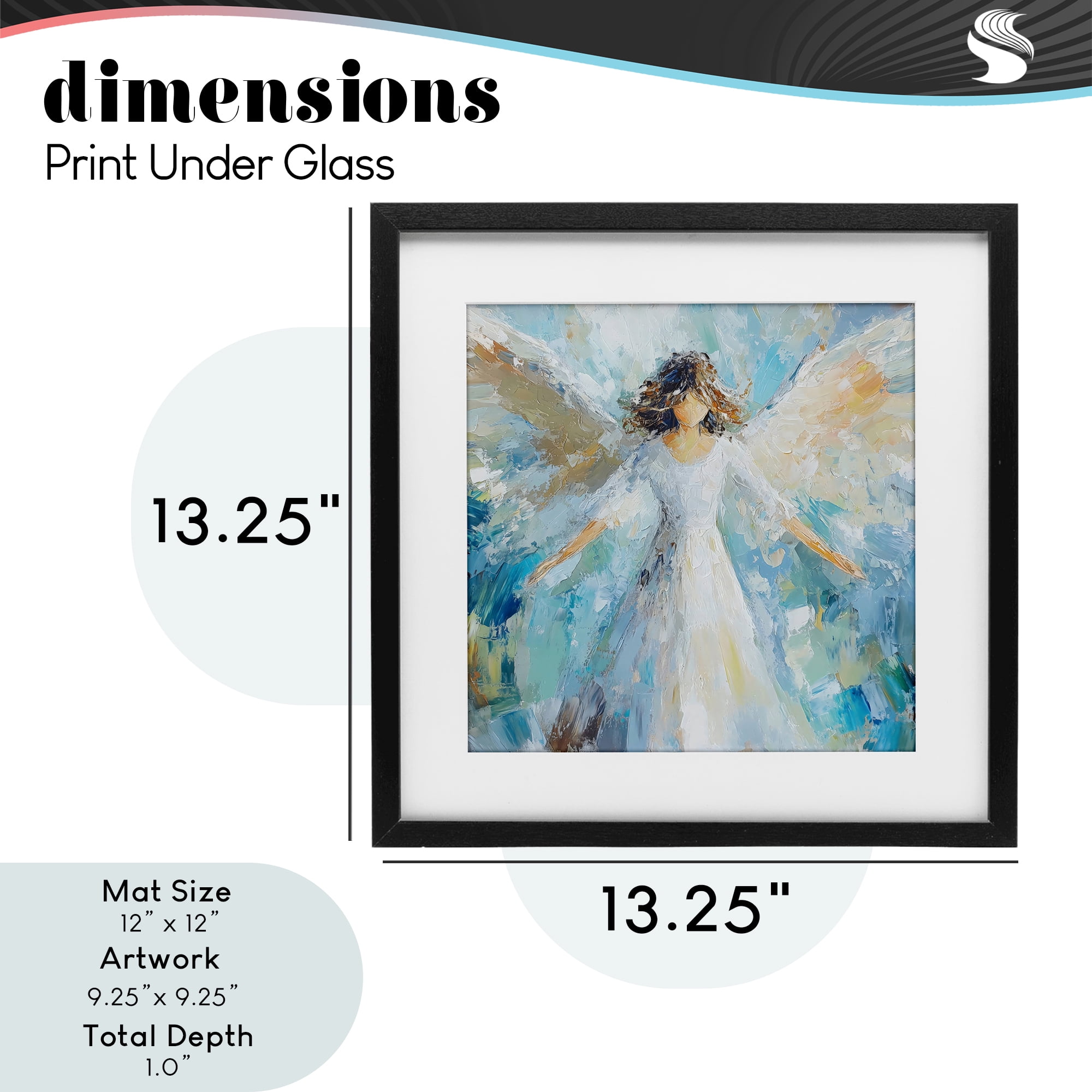 Flying Glory Angel Black Framed Print Under Glass, design by Petal Prints Design