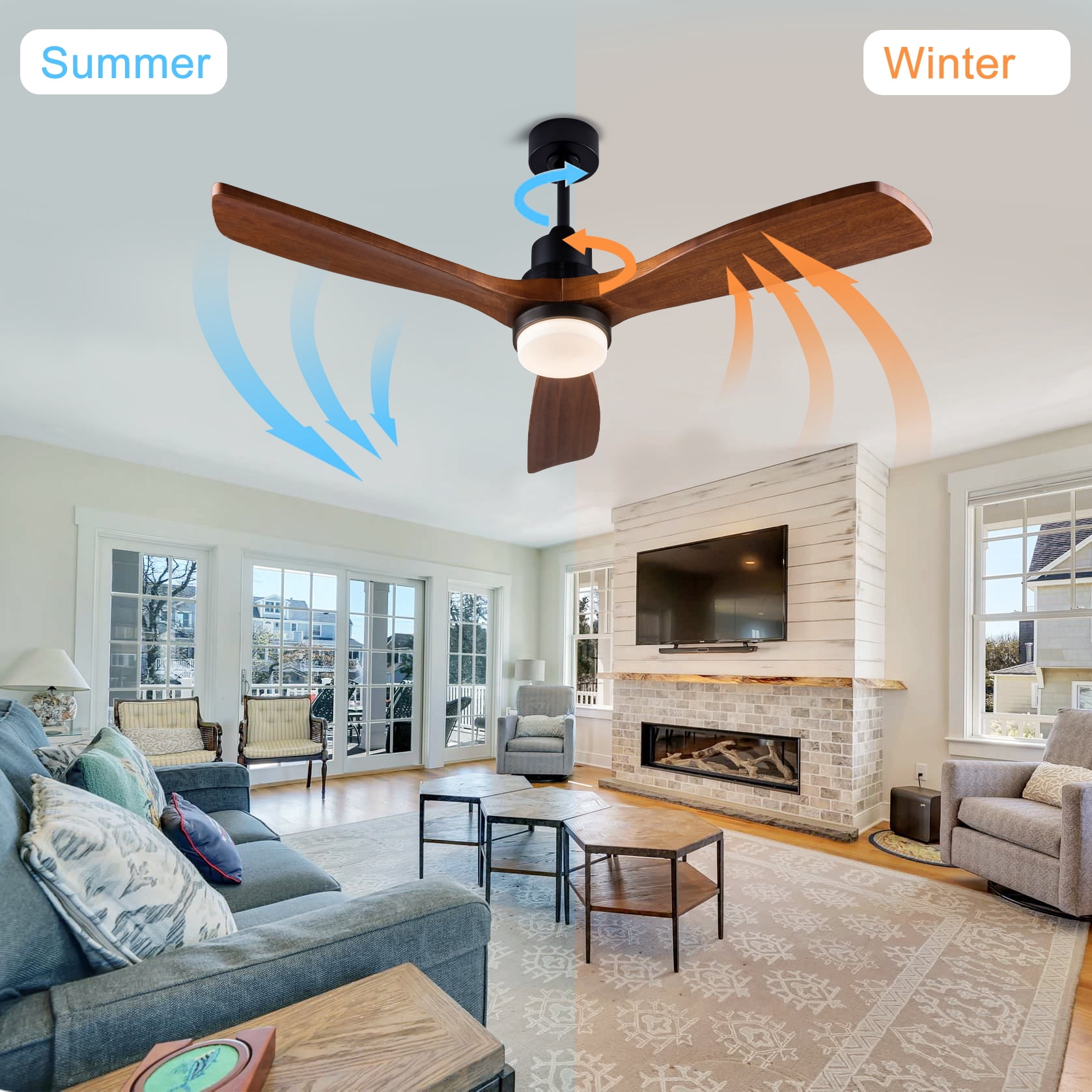 Mintazer 52 in Ceiling Fan with Lights and Remote, Modern Ceiling Fan with 6 Speed & 3 Blade for Farmhouse Bedroom Living Room Gazebo Patio, Brown