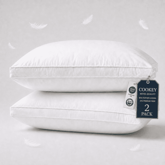 COOKEY Luxury Goose Feather Pillows Queen Size Set of 2, Hotel Collection Feather Pillow with 100% Cotton Cover, Soft Support for Sleeping, 20"x30"