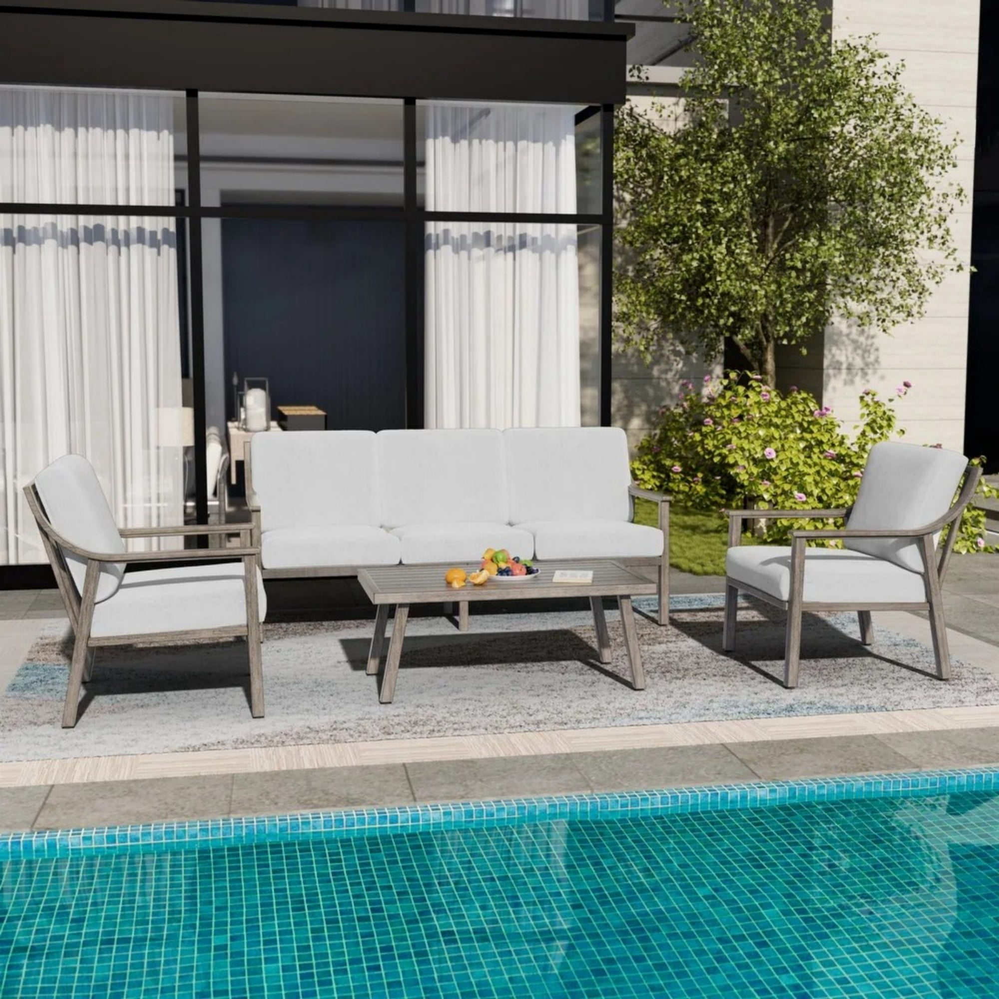 Patio Single Sofa Chair Outdoor Aluminum Armchair with Thick Cushion Waterproof Outdoor Seating for Porch Deck Backyard Balcony,White