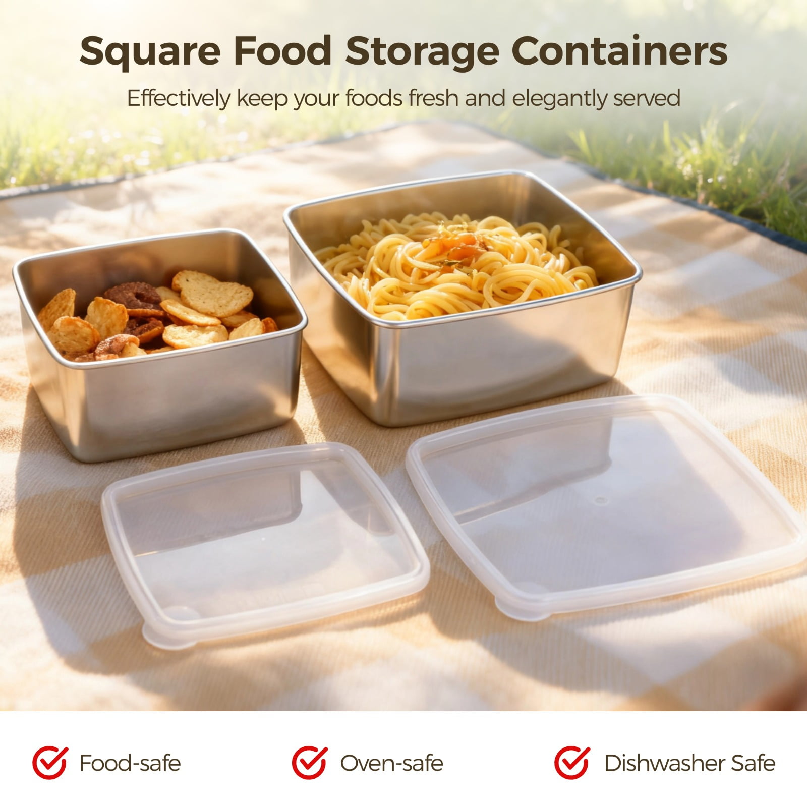 3 Pcs Stainless Steel Food Storage Containers, Square Bento Boxes with Airtight Lid, Snack Salad Boxes, Stackable & Nestable Meal Prep Containers for Freezer, 20.3 & 33.8, & 67.6 oz
