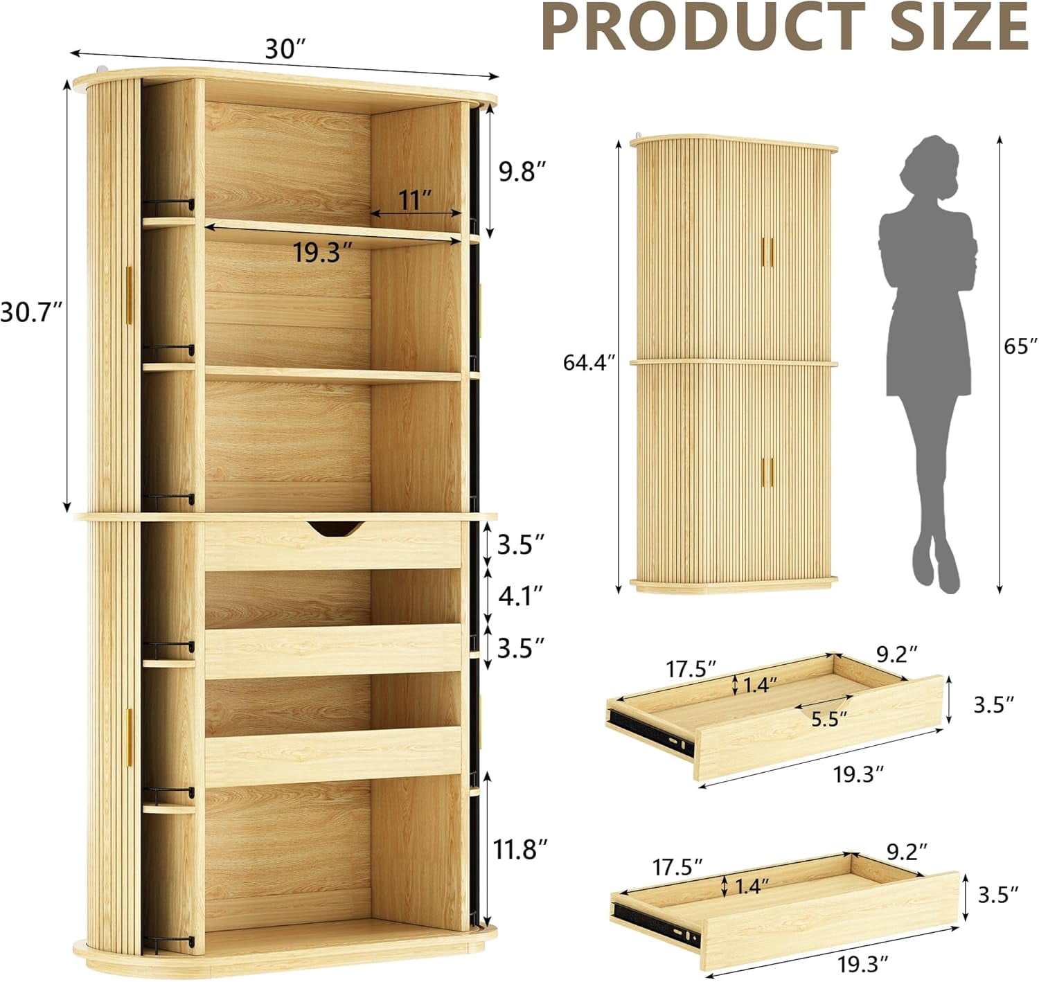 iPormis 64" Kitchen Pantry with Sliding Doors, Tall Farmhouse Curved Pantry Storage Cabinets with Drawer & Pull Out Shelves, Freestanding Wood Cupboard for Kitchen Dining Room Living Room, Natural