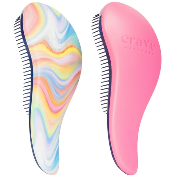 Crave Naturals Glide Thru Detangling Brush for Adults and Kids - Detangler Brush for Curly or Straight, Wet or Dry Hair - Gentle on Tangles Hair Comb - 7.5x3-Inch, Pink and Soft Hazy Swirl (Pack of 2